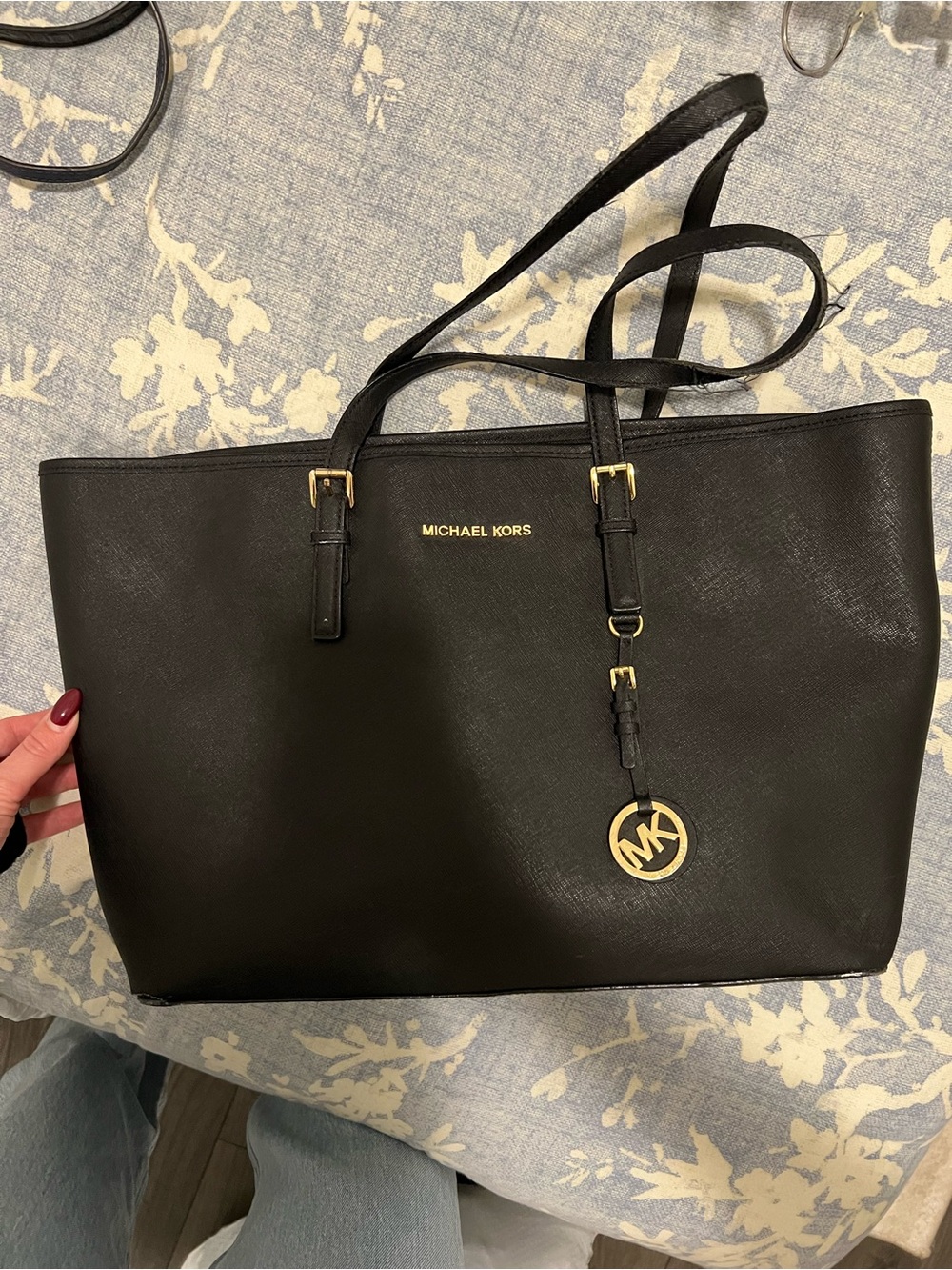 MICHAEL KORS Black Saffiano Leather Tote with Gold Hardware